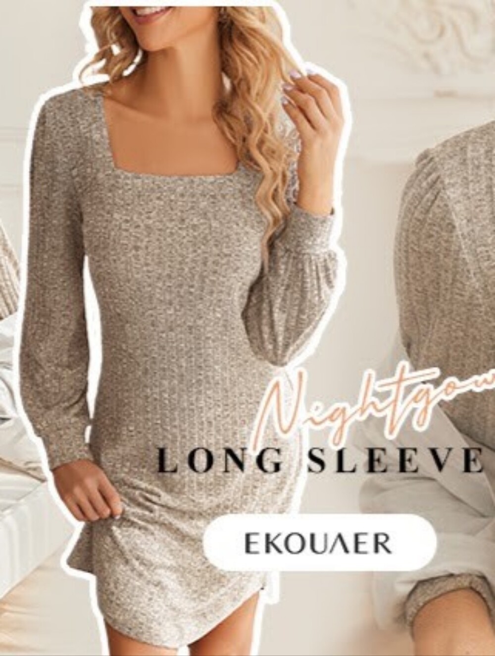 EKOUAER Beige Long Sleeve Ribbed Knit Square Neck Dress for Sleep & Lounge